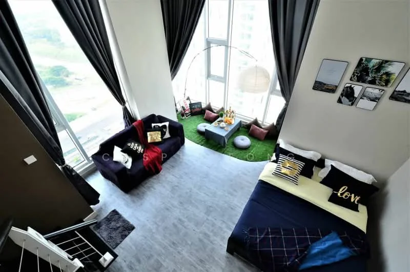 Living features: floor-to-ceiling windows, dark grey curtains, black fabric sofa, purple fabric sofa, area rug, decorative pillows, coffee table, artwork on walls, green carpet area, outdoor seating area, decorative plants; style: modern; view: city. Room features: queen-size bed, bedding with decorative pillows, wooden flooring, staircase leading to upper level.