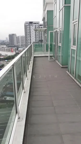 Room features: glass railing, grey tiled flooring, spacious balcony, city skyline view, overhang from building, modern design, attached to high-rise building; style: modern; view: city.