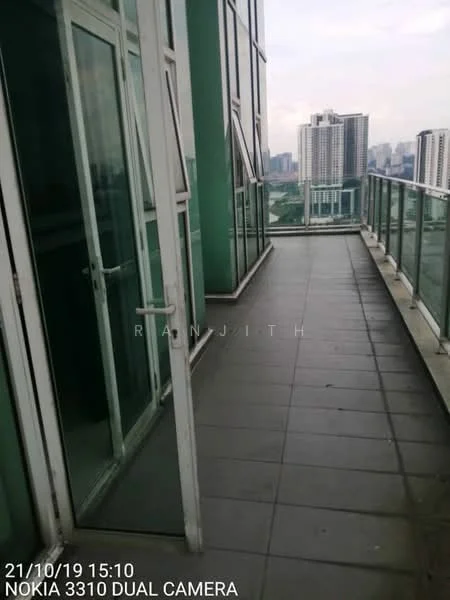 Room features: glass railing, sliding glass door, grey tiled flooring, city skyline view; view: city.