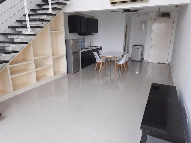 Living features: white painted walls, glossy tile flooring, 5-blade ceiling fan, black TV console, dining table with 4 white chairs, stainless-steel fridge, built-in kitchen cabinets, black countertop, single-bowl stainless-steel sink, chrome pull-down faucet, built-in oven, microwave, open shelving, sliding door to balcony; style: modern.