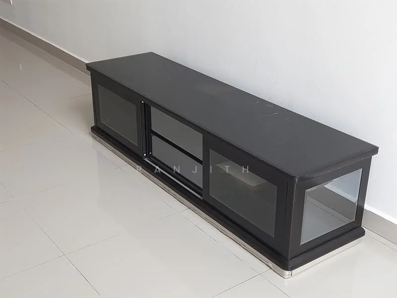 Room features: black wooden TV console, glass-fronted cabinets, polished tile flooring, minimalist design, rectangular shape, metal base, no visible decorations; style: modern.