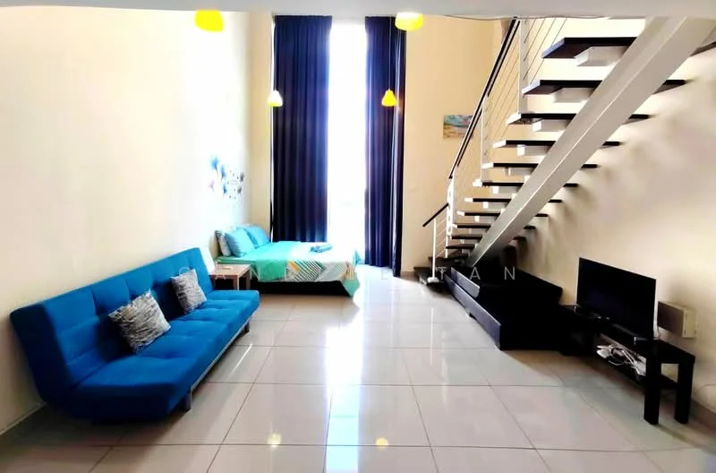 Living features: blue fabric sofa, 2-seater sofa bed, flat-screen TV on stand, white tiled flooring, high ceiling, large windows with sheer curtains, pendant lighting, decorative wall art; style: modern.