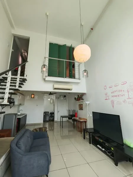 Living features: grey fabric sofa, flat-screen TV on console, white walls, glossy tile flooring, recessed downlights, 5-blade ceiling fan, open-plan layout, dining table with chairs, staircase with metal railing, large windows, air conditioning unit; style: modern.