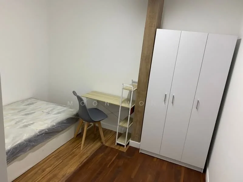 Bedroom features: single bed with mattress, wooden flooring, white painted walls, study desk with chair, white wardrobe, shelving unit, wood accent wall; style: minimalist.