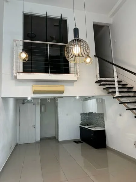 Living features: white painted walls, glossy tile flooring, 5-blade ceiling fan with light, hanging pendant lights, stainless-steel kitchen sink, black cabinetry, grey mosaic tile backsplash, open staircase with metal railing, air conditioning unit, double-height ceiling, large windows, entrance door; style: modern.