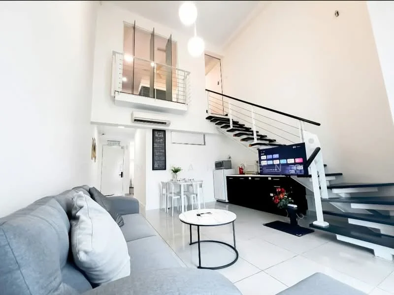 Living features: grey fabric sofa, round coffee table, wall-mounted TV, white tiled flooring, high ceiling, recessed downlights, open staircase with metal railing, air conditioning unit, decorative flowers in vase; style: modern. Dining features: 4-seater dining table, white dining chairs; style: modern.