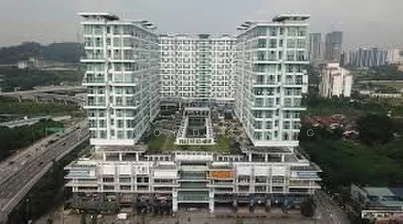 Exterior type: mid-rise condominium; features: glass curtain wall, white painted facade, recessed balconies, landscaped terrace area, multiple levels, surrounded by greenery, urban context with city skyline in background; style: modern.