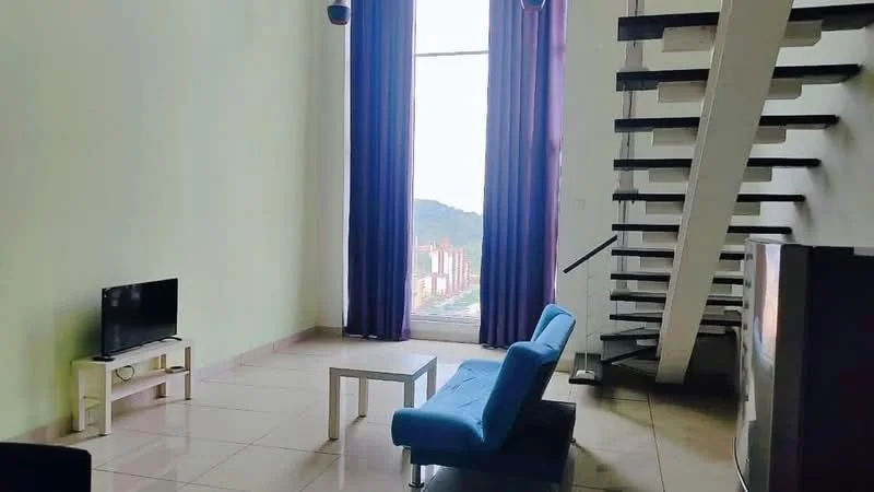 Living features: blue fabric sofa, white coffee table, wall-mounted TV, large floor-to-ceiling window, purple curtains, light green painted walls, ceramic tile flooring, staircase with wooden steps, decorative wall, city view; style: modern; view: city.