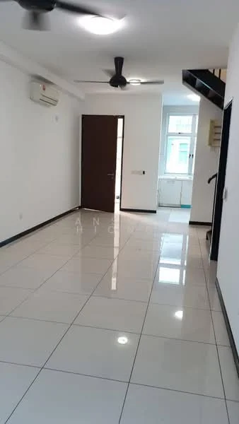 Living features: white painted walls, polished ceramic tile flooring, 5-blade ceiling fan, 1 wall-mounted split AC, large window, door leading to hallway, staircase visible, neutral decor; style: modern.