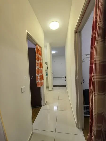 Hallway features: white painted walls, glossy white tile flooring, ceiling light fixture, doorway to adjacent rooms, hanging curtain with orange pattern, hanging curtain with plaid pattern, visible hooks on wall, neutral color scheme; style: modern.