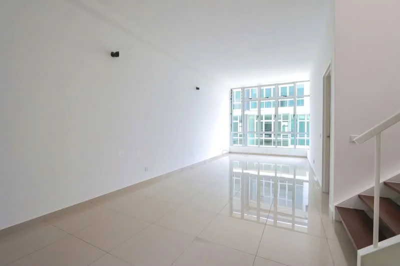 Room features: white painted walls, glossy beige tile flooring, large floor-to-ceiling windows, natural light, minimalist design, no visible furniture, staircase visible in background, neutral color palette; style: modern.