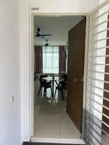 Dining features: dining table, 4 dining chairs, floor-to-ceiling windows, curtains, ceiling fan, white walls, tile flooring, natural light; style: modern. Room features: wooden door, door frame, light switch, white walls, tile flooring.
