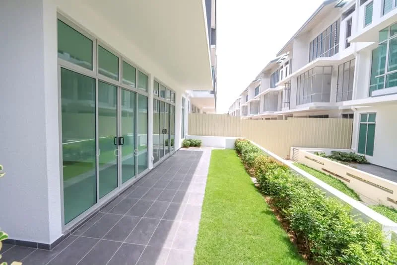 Exterior type: linked terrace house; features: glass sliding doors, grey tiled flooring, manicured lawn, landscaped garden, fenced perimeter, modern facade, two-storey building, natural light, outdoor space, adjacent buildings; style: modern.