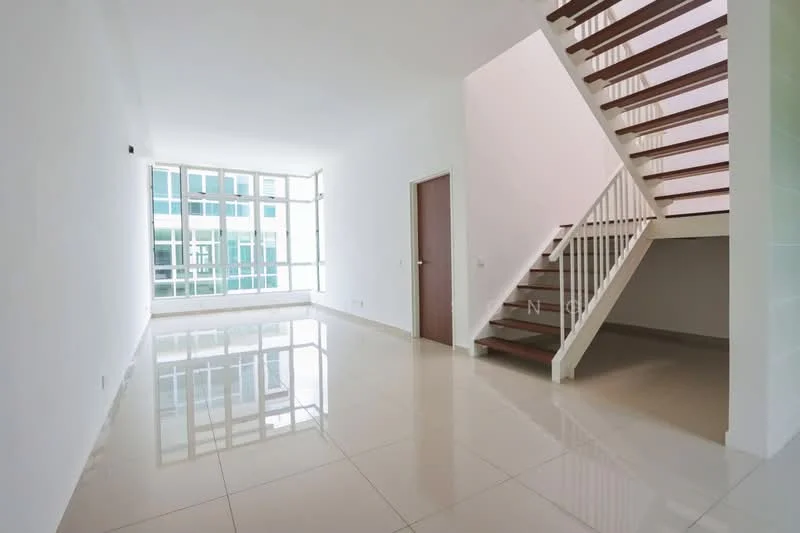 Room features: white painted walls, glossy ceramic tile flooring, large floor-to-ceiling windows, wooden staircase, door with wooden finish, natural light from windows, open layout, reflected light on floor; style: modern; view: city.
