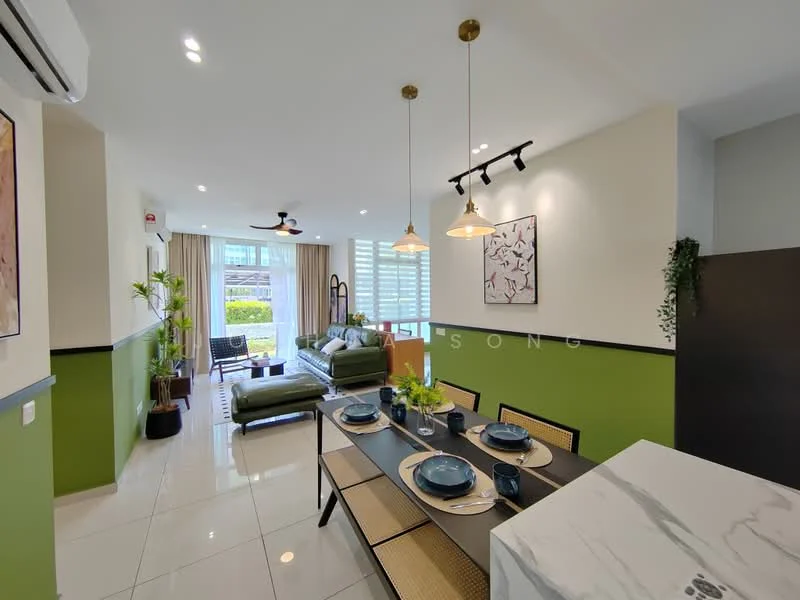 Living features: green accent wall, white painted walls, floor-to-ceiling windows, sliding glass door, curtains, 3-seater fabric sofa in green, 2-seater fabric sofa in grey, coffee table, area rug, ceiling fan, recessed downlights, decorative artwork, indoor plants; style: modern; view: garden. Dining features: 6-seater dining table, marble-top dining table, upholstered dining chairs, table setting with plates and cutlery, pendant lighting, decorative plant; style: modern.