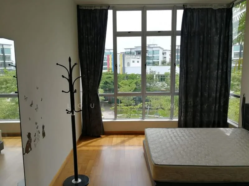 Bedroom features: large windows, curtains, wooden flooring, bed frame without mattress, mirror, clothes rack, decorative wall decals, view of greenery; style: modern; view: garden.
