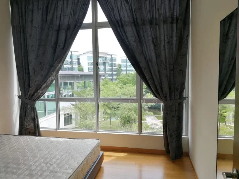 Bedroom features: large floor-to-ceiling windows, grey curtains, wooden flooring, unmade mattress, decorative mirror, view of landscaped garden, natural light, neutral wall color; style: modern; view: garden.