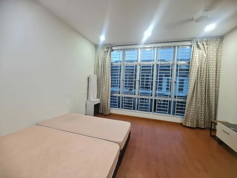 Bedroom features: two single beds, wooden flooring, white painted walls, floor-to-ceiling windows, sheer curtains, ceiling fan, wall-mounted TV console, decorative wall paneling; style: modern.