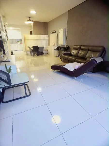 Living features: cream painted walls, grey accent wall, glossy white tile flooring, 5-blade ceiling fan with light, 3-seater leather sofa in dark brown, recliner chair, coffee table with metal frame, wall-mounted TV, decorative plant on table, dining area visible in background with black chairs, open layout to kitchen, natural light from windows; style: modern.
