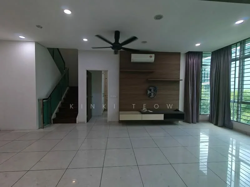 Living features: white painted walls, polished marble tile flooring, 5-blade ceiling fan with light, wall-mounted split AC, large floor-to-ceiling windows, curtains in grey, wood feature wall, floating TV console, staircase leading to upper floor; style: modern; view: garden.