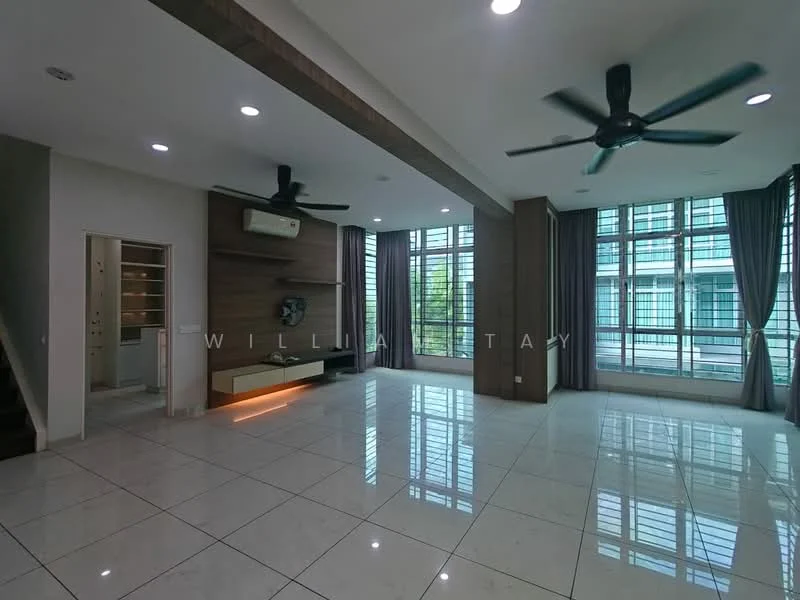 Living features: large floor-to-ceiling windows, 2 ceiling fans, white walls, grey accent wall, marble tile flooring, recessed downlights, wood paneling, built-in wall unit with lighting, curtains, open layout, natural light, view of greenery; style: modern; view: garden.