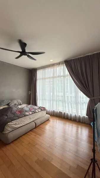 Bedroom features: queen-size bed, upholstered headboard, 5-blade ceiling fan, floor-to-ceiling windows, sheer curtains, dark brown curtains, wooden flooring, decorative throw pillows; style: modern.