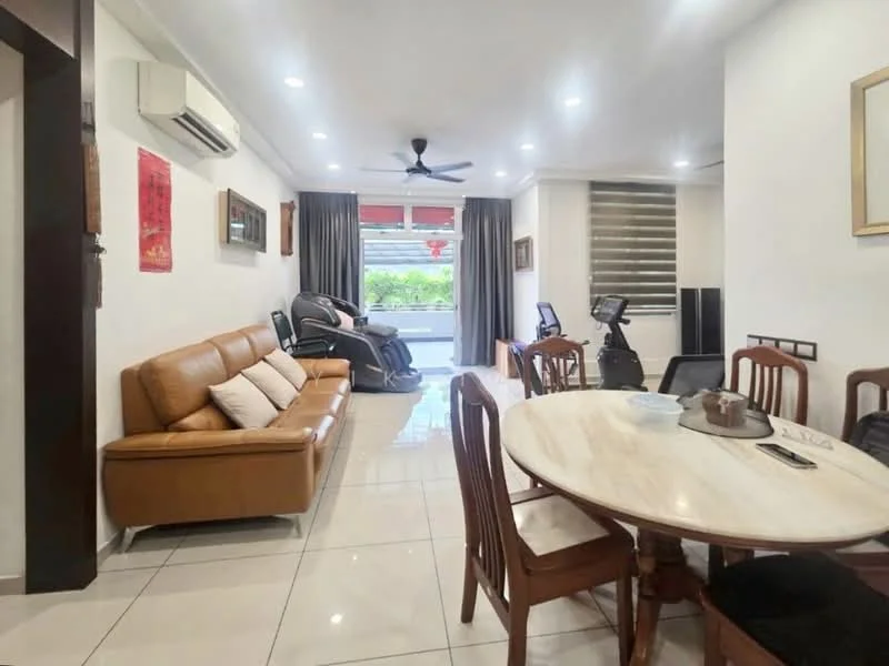 Living features: 3-seater brown leather sofa, marble flooring, ceiling fan with light, wall-mounted air conditioning unit, dining table with marble top, wooden dining chairs, large windows with curtains, exercise equipment visible, decorative wall art, light-colored painted walls; style: modern; view: garden.
