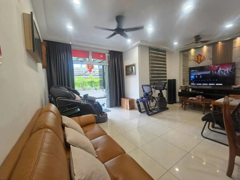 Living features: 3-seater leather sofa in brown, 2 decorative cushions, wall-mounted TV, TV console, dining table with chairs, exercise bike, ceiling fan, recessed LED downlights, white painted walls, glossy tile flooring, floor-to-ceiling windows with sheer curtains, sliding glass door leading to outdoor area, decorative wall art; style: modern; view: garden.
