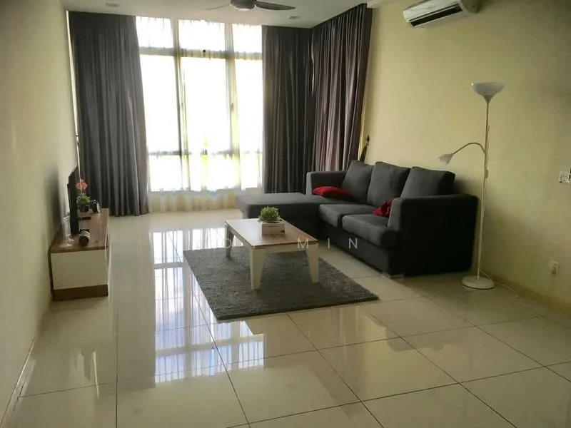 Living features: grey fabric sofa, red accent cushion, coffee table, TV console, wall-mounted TV, area rug, floor-to-ceiling windows, sheer curtains, recessed downlights, ceiling fan, polished ceramic tile flooring, light beige painted walls; style: modern; view: city.