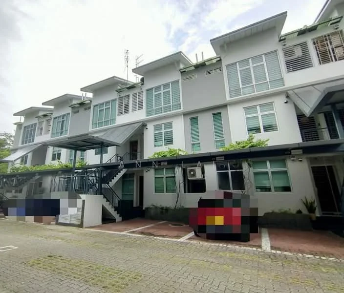 Exterior type: linked terrace house; features: grey painted facade, recessed balconies, multiple air conditioning units, metal awning over entrance, paved driveway, landscaped planters, two parking spaces visible, multiple storeys, large windows with horizontal slats; style: modern.