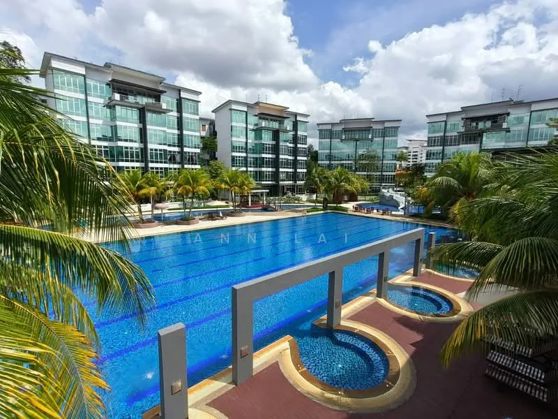 Exterior type: mid-rise condominium; features: infinity pool, swimming pool deck with loungers, landscaped gardens with palm trees, glass curtain wall facade, multiple storeys, surrounded by greenery, poolside jacuzzi, paved walkway; style: modern.