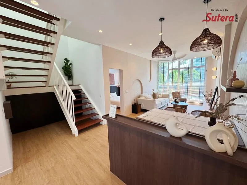 Living features: wooden flooring, large windows with natural light, sofa in cream color, coffee table, decorative plants, pendant lighting, open layout, wall-mounted air conditioning unit; style: modern; view: garden. Room features: staircase with wooden steps, white painted walls, decorative wall art, open space design.