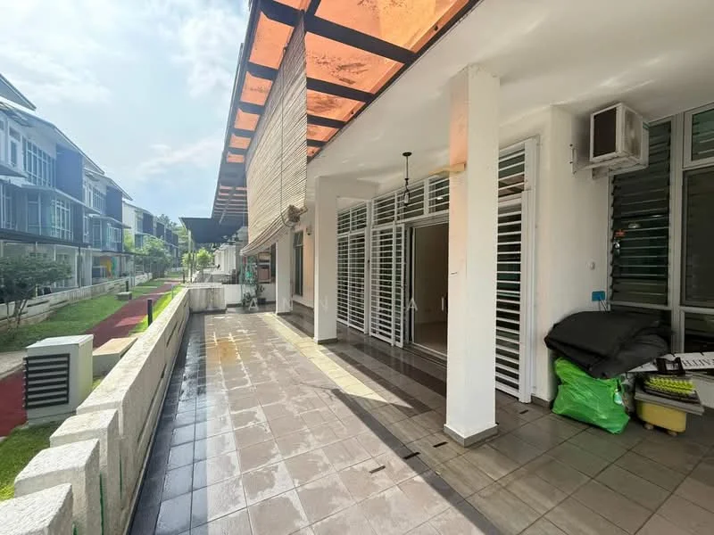 Room features: grey tiled flooring, white painted walls, sliding glass door, floor-to-ceiling windows, overhead lighting fixture, air conditioning unit, covered patio area, open layout, outdoor access, greenery view; style: modern; view: garden.
