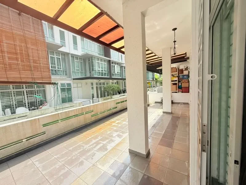 Room features: tiled flooring, white walls, wooden ceiling beams, large sliding glass door, outdoor terrace, overhead lighting, greenery visible outside, open space layout; style: modern; view: garden.