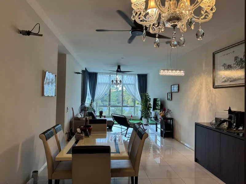 Living features: white painted walls, glossy tile flooring, 5-blade ceiling fan with light, chandelier with crystals, floor-to-ceiling windows, sheer curtains, blackout curtains, dining table with 6 chairs, sideboard, decorative wall art, potted plants, area rug, sofa set, coffee table; style: modern; view: garden.