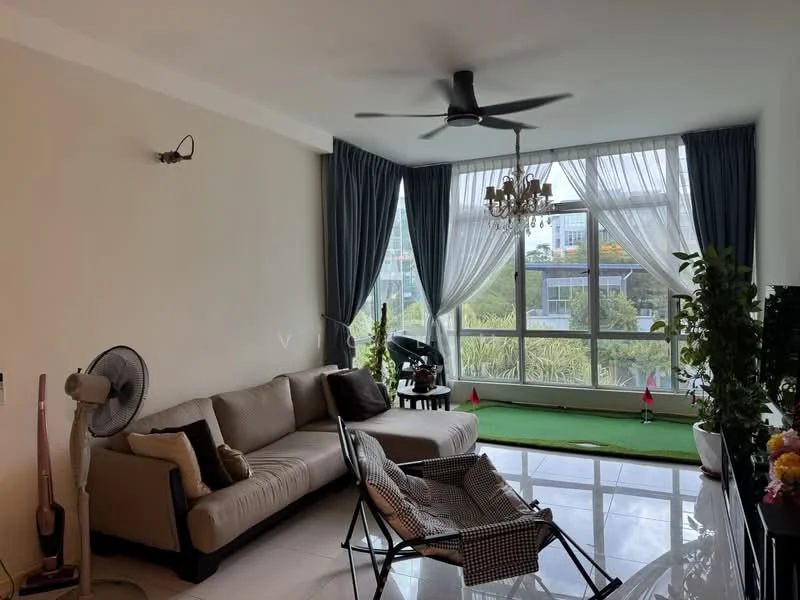 Living features: 3-seater fabric sofa in beige, ceiling fan, chandelier, floor-to-ceiling windows, sheer curtains, green carpet, decorative plants, TV console, wall-mounted TV, area rug, sliding glass door; style: modern; view: garden.