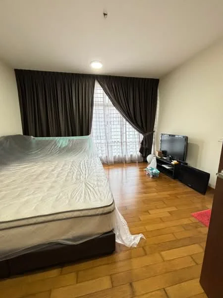 Bedroom features: queen-size bed, wooden flooring, floor-to-ceiling windows, dark brown curtains, wall-mounted TV, TV console, decorative rug, light fixture in ceiling; style: modern.