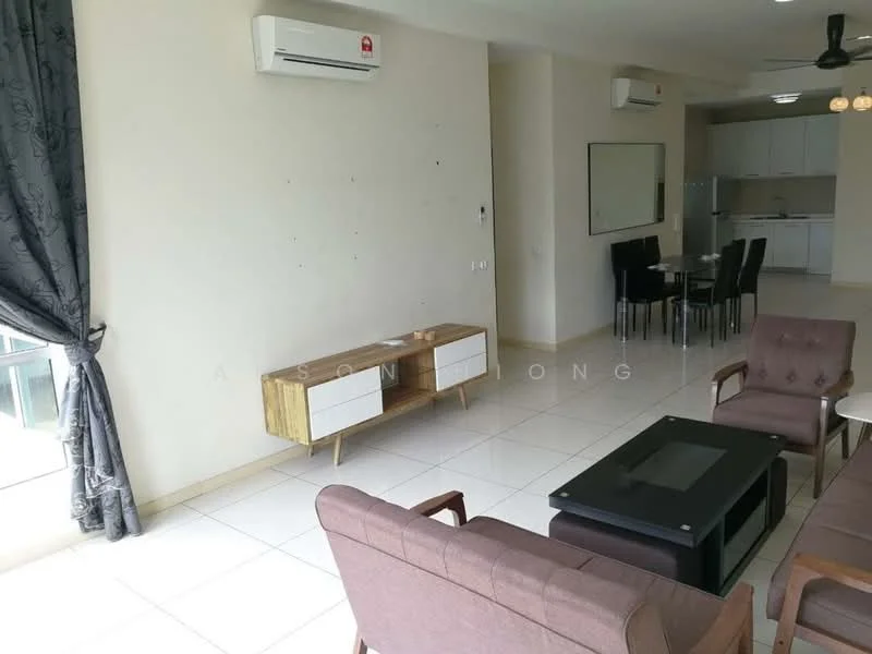 Living features: wall-mounted split AC, 5-blade ceiling fan, cream painted walls, white tiled flooring, 2-seater fabric sofa in brown, 3-seater fabric sofa in grey, wooden coffee table, TV console with drawers, decorative wall mirror, curtains in dark grey, dining table with 6 black chairs, open layout to kitchen; style: modern.