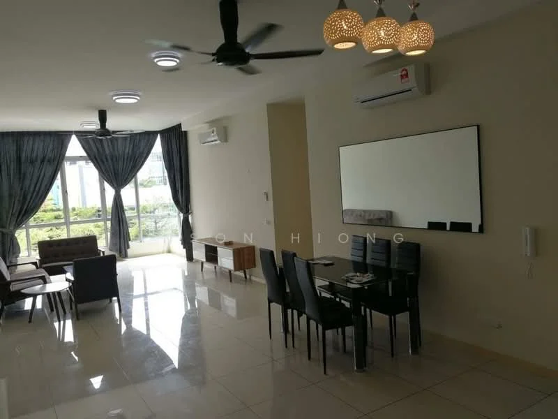 Living features: 5-blade ceiling fan with light, recessed LED downlights, floor-to-ceiling windows, sliding glass door, grey curtains, cream painted walls, polished tile flooring, wall-mounted air conditioning unit, decorative mirror, sofa set, dining table with chairs, coffee table; style: modern; view: garden.
