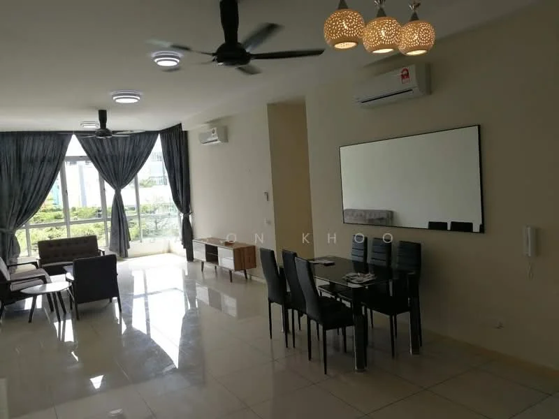 Living features: 5-blade ceiling fan with integrated LED light, recessed downlights, cream painted walls, glossy tile flooring, floor-to-ceiling windows, sheer curtains, sofa in dark fabric, coffee table, TV console, dining table with chairs, decorative mirror, wall-mounted air conditioning unit; style: modern; view: garden.