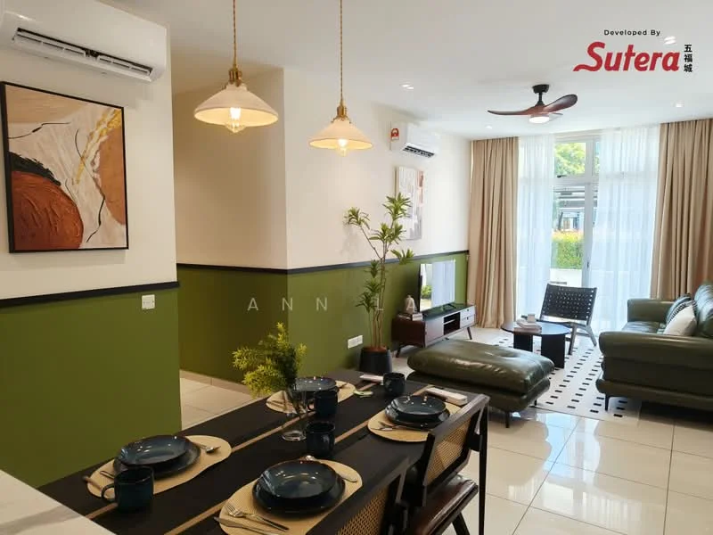Living features: cream painted walls, green accent wall, white ceiling, 5-blade ceiling fan with light, recessed downlights, floor-to-ceiling windows, sliding glass door, curtains, 2-seater leather sofa in green, coffee table, area rug with geometric pattern, wall-mounted TV, decorative plant, framed artwork, dining table with 4 chairs; style: modern; view: garden.