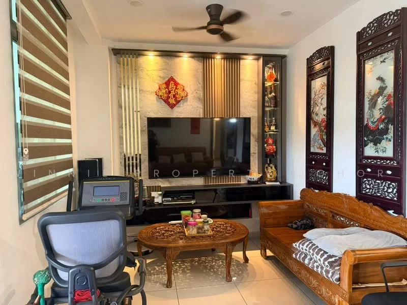 Living features: 3-seater wooden sofa, coffee table with intricate carvings, wall-mounted TV, black TV console, decorative wall panels, framed artwork on walls, ceiling fan, sliding window blinds, decorative items on shelves, area rug, wall-mounted decor, light-colored tiled flooring; style: contemporary.