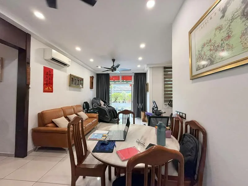 Living features: brown leather sofa, round dining table, 4 wooden dining chairs, ceiling fan with light, wall-mounted air conditioning unit, white painted walls, tile flooring, large windows with sheer curtains, decorative artwork on walls, laptop on dining table, potted plant, black office chair, grey armchair; style: modern; view: garden.