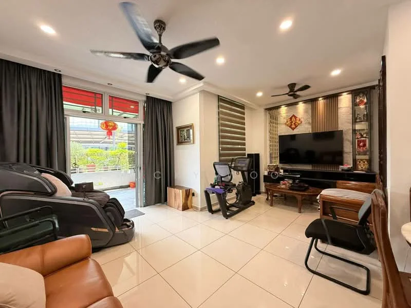 Living features: white painted walls, glossy tile flooring, 5-blade ceiling fan with light, wall-mounted TV, dark wood TV console, black leather recliner chair, exercise bike, wooden coffee table, black folding chair, floor-to-ceiling windows with sheer curtains, decorative wall paneling, decorative wall art, greenery view from window; style: modern; view: garden.
