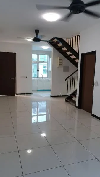 Living features: white painted walls, glossy ceramic tile flooring, 5-blade ceiling fan, staircase with wooden railing, large window with natural light, door leading to another room, wall-mounted electrical outlet, neutral color scheme; style: modern.