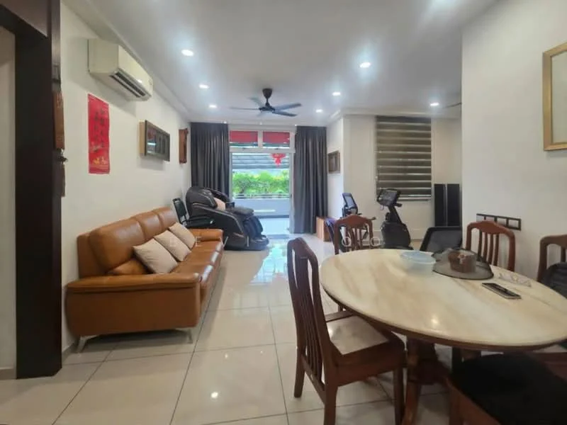 Living features: 3-seater brown leather sofa, marble tile flooring, ceiling fan with light, wall-mounted air conditioning unit, large windows with sheer curtains, dining table with wooden chairs, decorative wall art, recessed lighting, open layout to balcony, exercise equipment visible; style: modern; view: garden.
