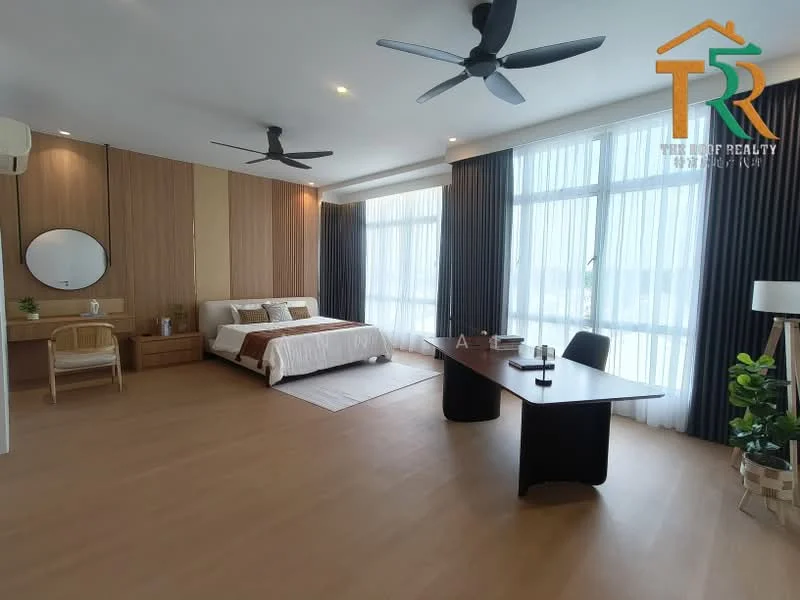 Bedroom features: king-size bed with upholstered headboard, 2 bedside tables, desk with chair, floor-to-ceiling windows, sheer curtains, 2 ceiling fans, wooden flooring, wall-mounted mirror, wood panel accent wall, decorative wall art; style: modern; view: city.