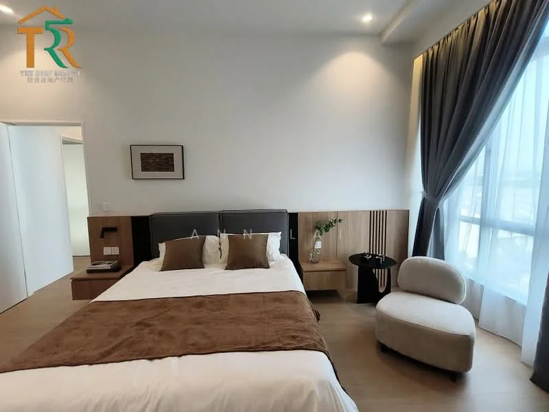 Bedroom features: king-size bed with brown throw blanket, upholstered headboard, wooden bedside table, decorative wall art, floor-to-ceiling windows, sheer curtains, wooden flooring, accent chair, table with vase of flowers, recessed lighting, neutral wall color; style: modern; view: city.