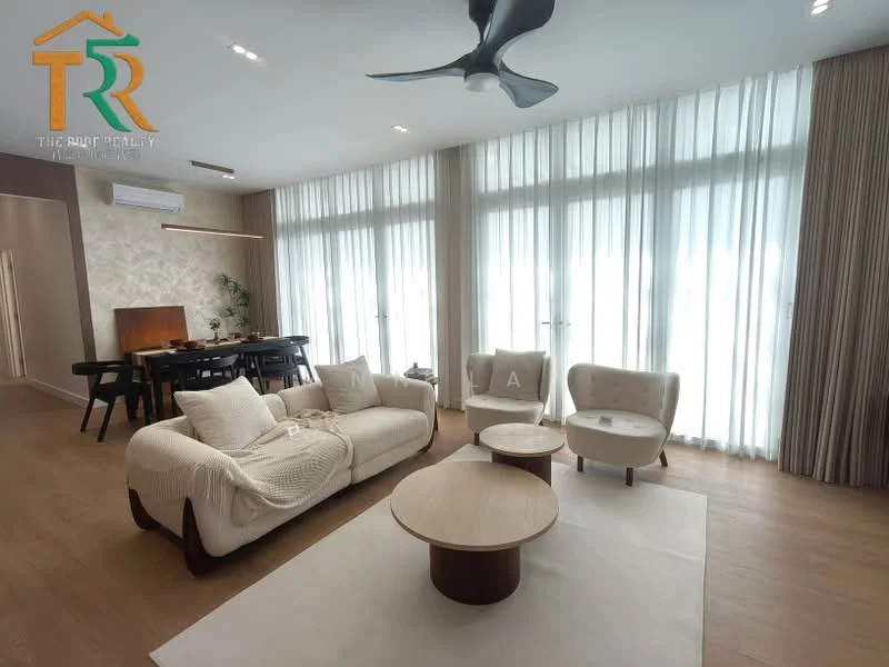 Living features: 3-seater fabric sofa in cream, 2 accent chairs in light fabric, round wooden coffee table, area rug in neutral color, 5-blade ceiling fan with light, floor-to-ceiling windows with sheer curtains, wooden flooring, wall-mounted air conditioning unit, decorative wall with light wood paneling, dining area visible in background; style: modern.