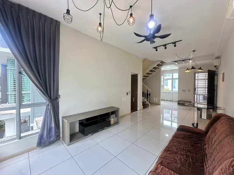 Living features: white painted walls, glossy white tile flooring, 5-blade ceiling fan with light, sofa in brown fabric, TV console, large windows with sheer curtains, recessed downlights, decorative pendant lights, staircase in background; style: modern; view: garden.